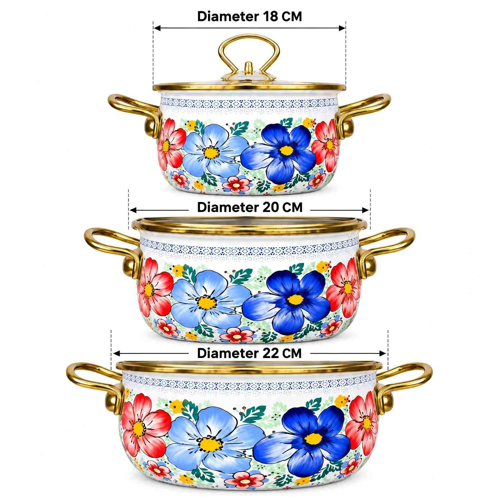 Size diagram for Summer Bloom Gold-Rim 3-Piece Enamel Pot Set, 18/20/22 cm.