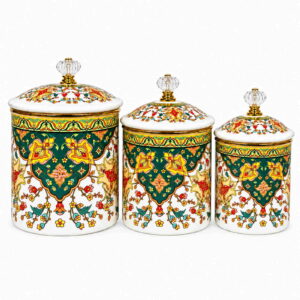 Russian Floral enamel canister set, 11 / 13 / 15 cm