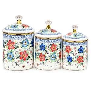 Summer Bloom Extra-Thick 3-Piece Enamel Canister Set, 11/13/15 cm on white background.